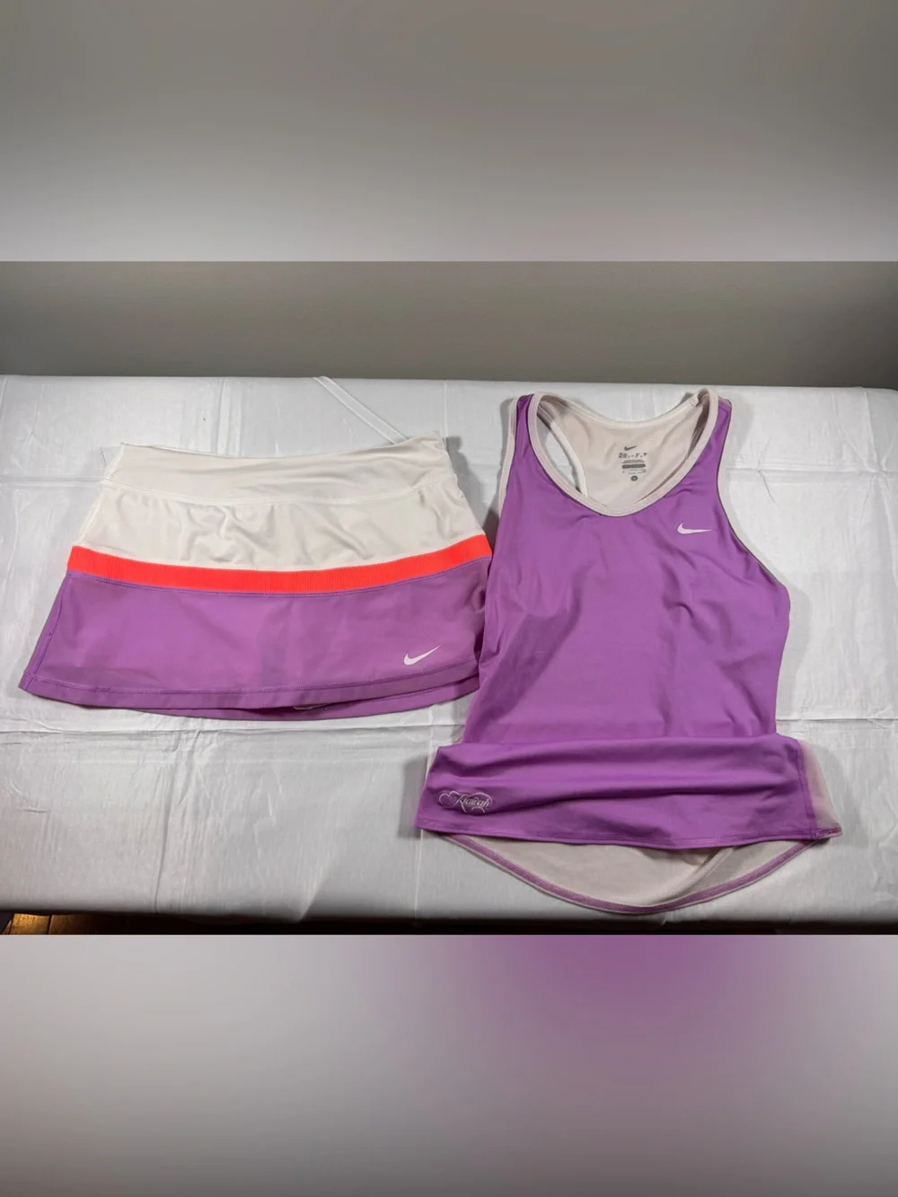 Nike Purple Tennis Tank and Skort with Coral Stripe/White Trim. Kiwah Exclusive